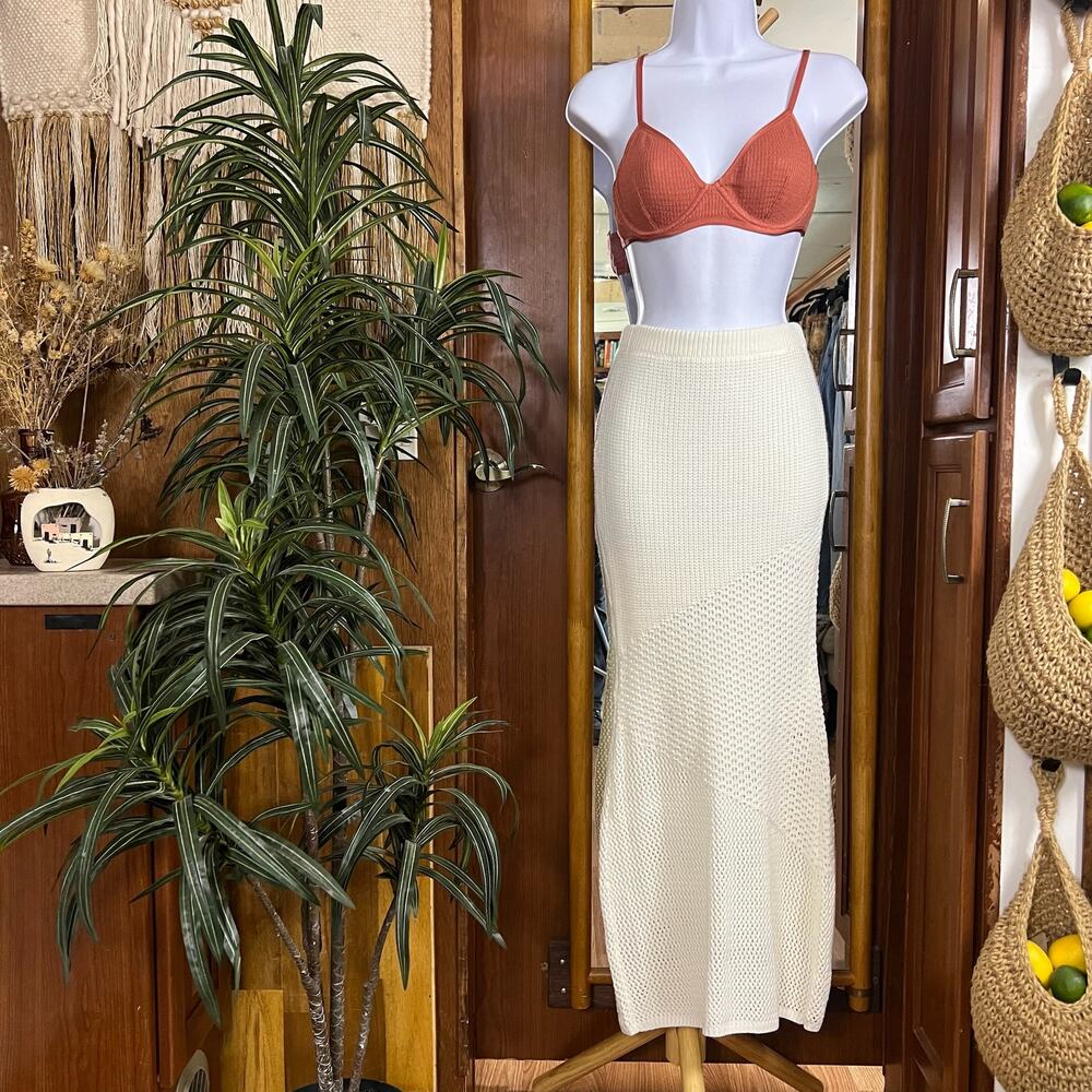Cream Crochet Knit Maxi Skirt Elastic Waist Boho Beach Resort Festival XS S